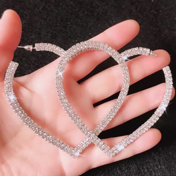 Heart hoop earrings rhinestone shiny sparkle y2k silver dangle glitter big - Picture 3 of 4